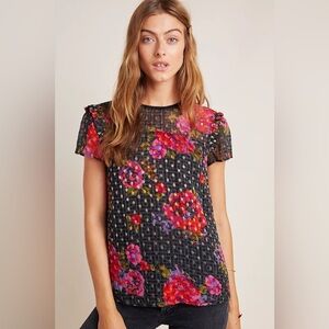 Anthropologie Floral Metallic Polka Dot Ruffle Sleeve Blouse Size 4 Small